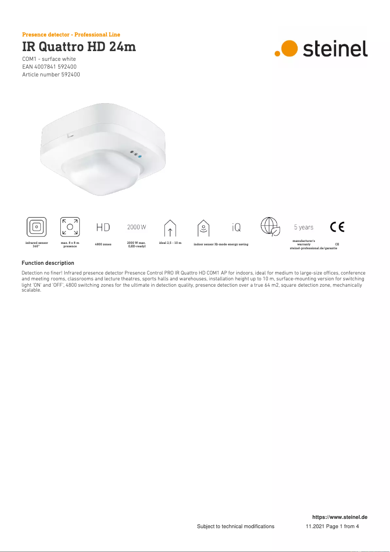 Page 1 de la notice Fiche technique Steinel IR Quattro HD 24m