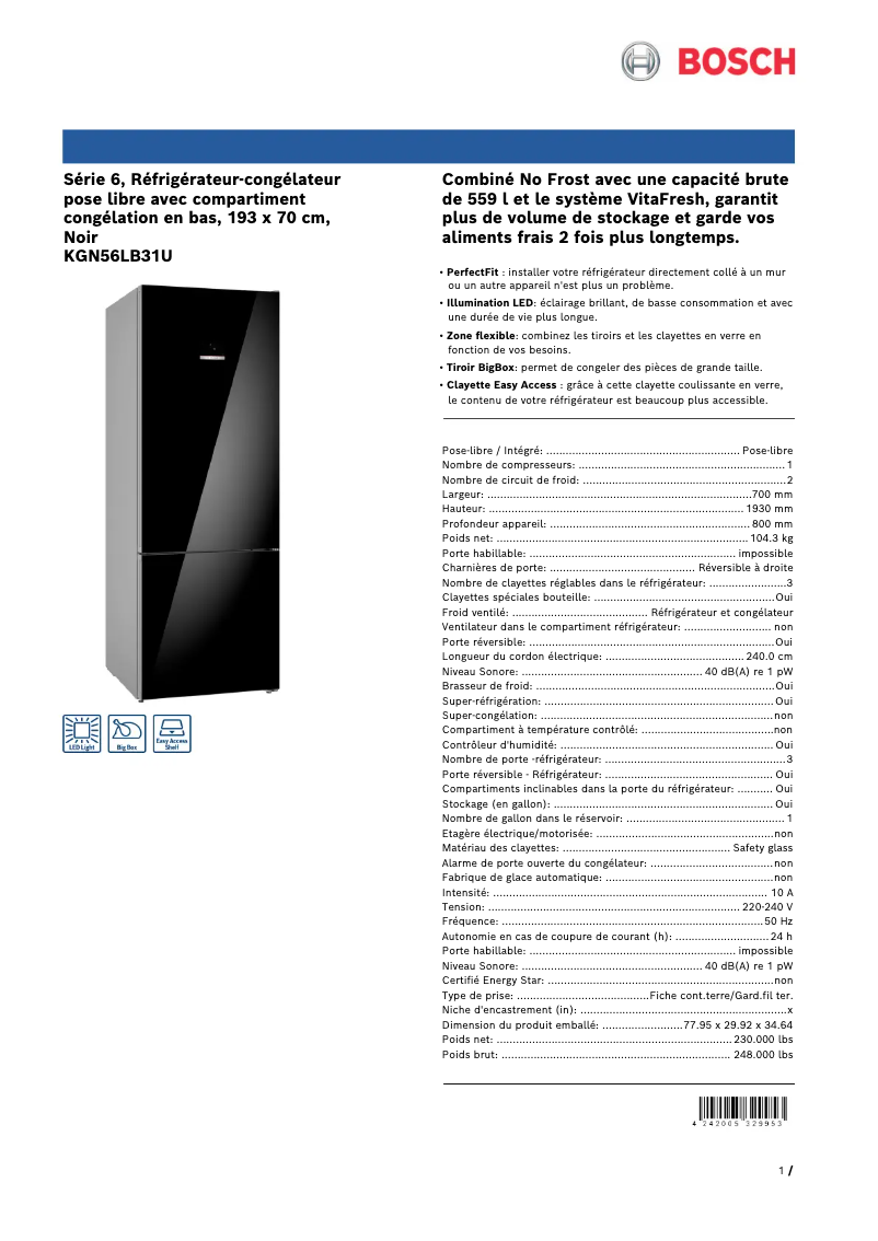 Page n°1 - Fiche technique Bosch KGN56LB31U