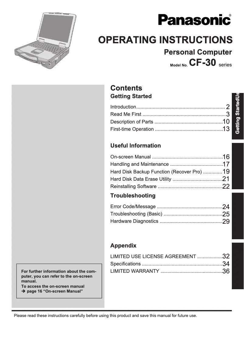 Image de la première page du manuel de l'appareil Toughbook CF-30E