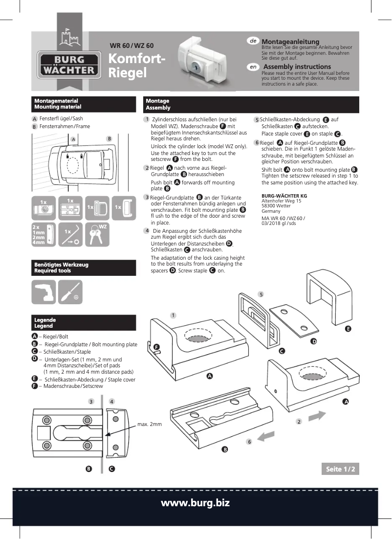 Page 1 de la notice Manuel utilisateur Burg Wächter WinSafe WZ 60
