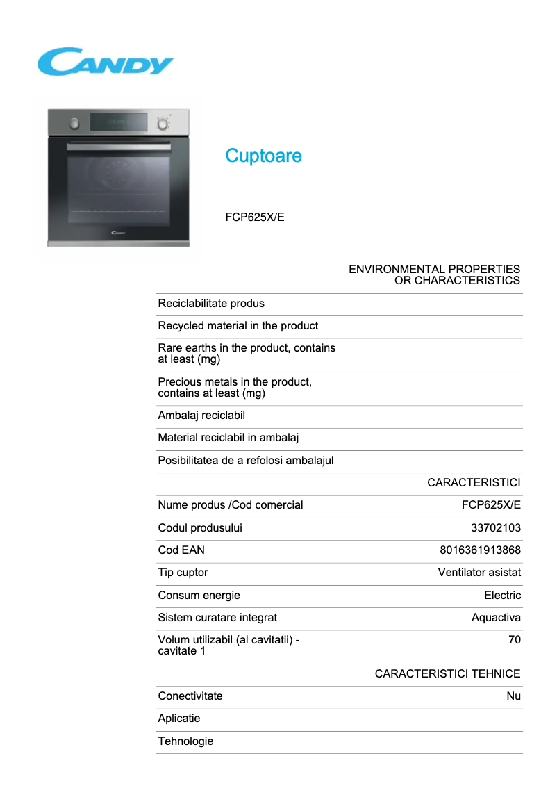 Page 1 de la notice Fiche technique Candy FCP625X/E