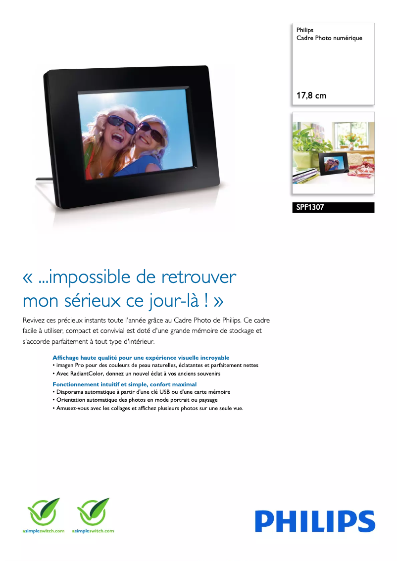 Page 1 de la notice Fiche technique Philips SPF1307