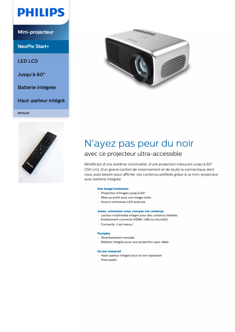 Page 1 de la notice Fiche technique Philips NeoPix Start+ NPX245