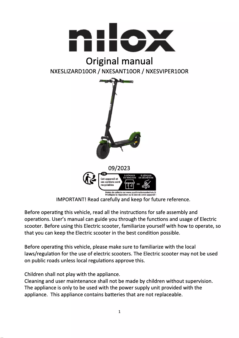Page 1 de la notice Manuel utilisateur Nilox NXESLIZARD10OR