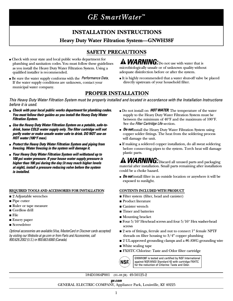 Page n°1 - Guide d'installation GE GNWH38F