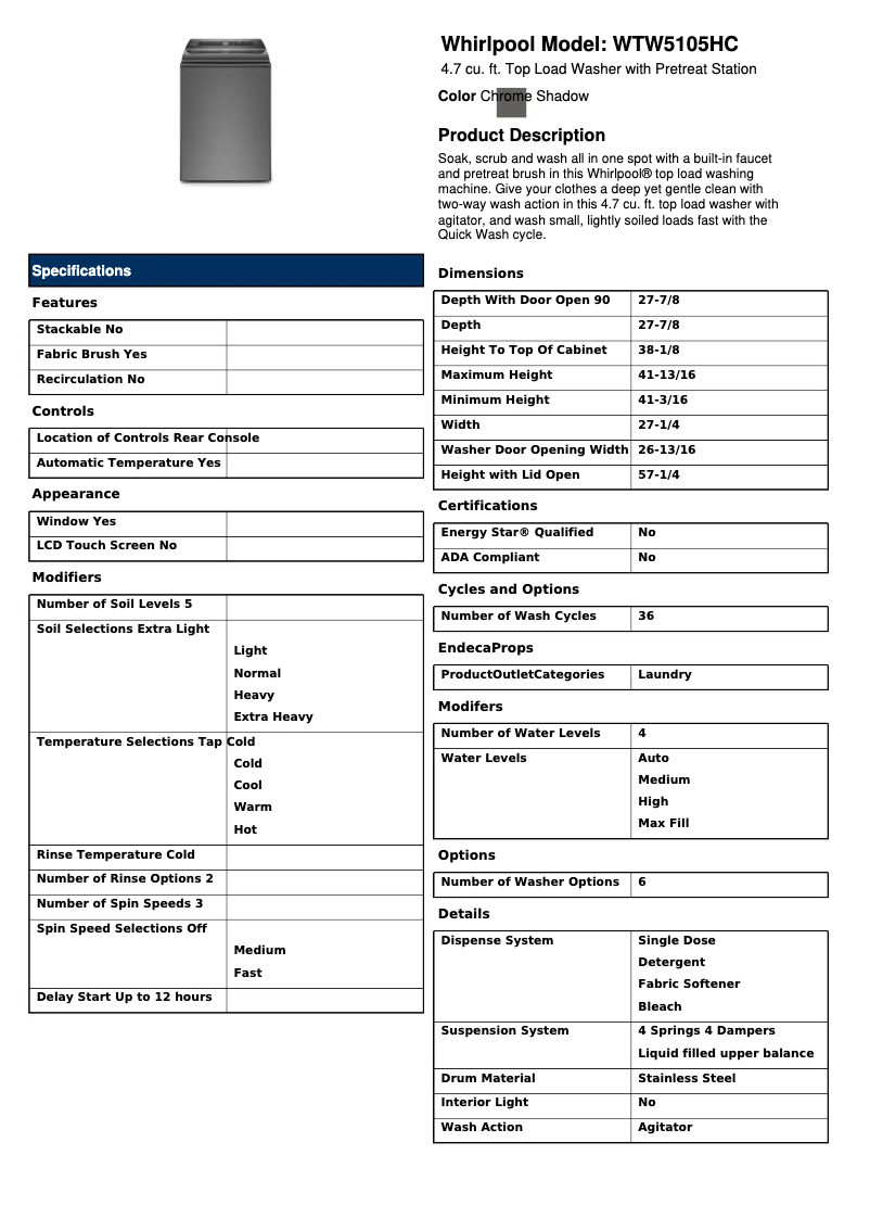 Page 1 de la notice Fiche technique Whirlpool WTW5105HC