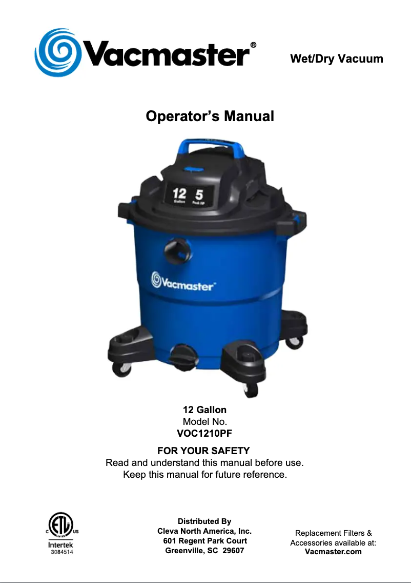 Page n°1 - Manuel utilisateur Vacmaster VOC1210PF