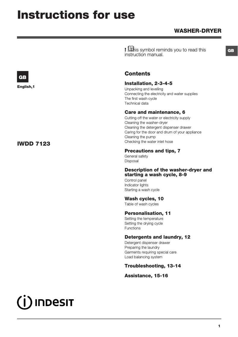 Page 1 de la notice Mode d'emploi Indesit IWDD 7123 (UK)