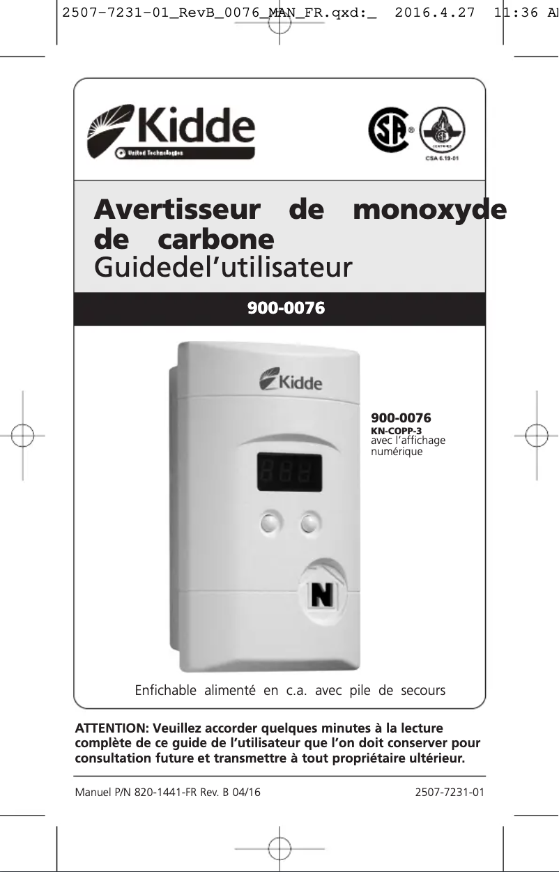 Page n°1 - Manuel utilisateur Kidde 900-0076