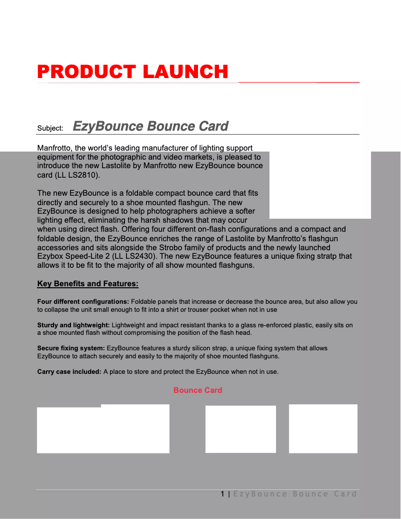 Page 1 of the manual User Manual Lastolite EzyBounce Bounce Card