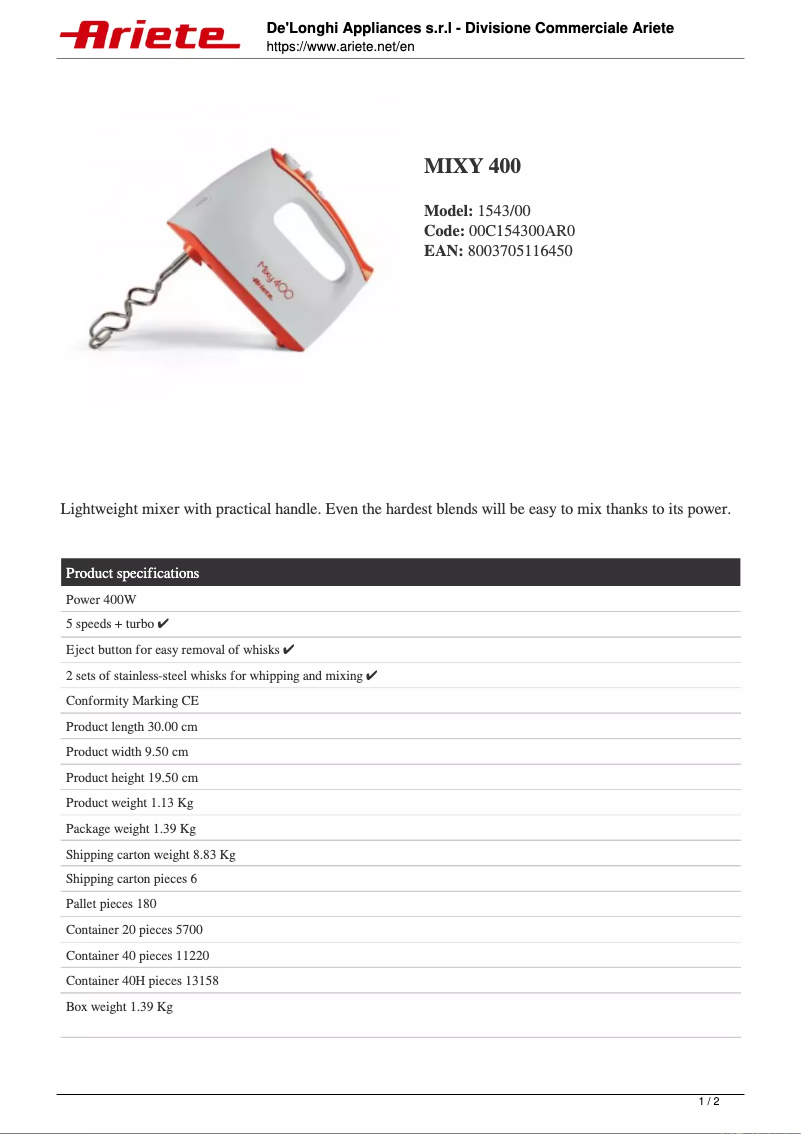 Page 1 de la notice Fiche technique Ariete Mixy 400