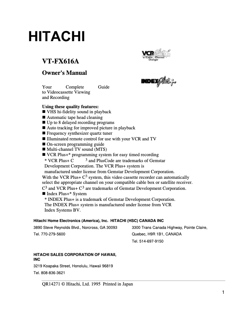 Page 1 de la notice Manuel utilisateur Hitachi VT-FX616A