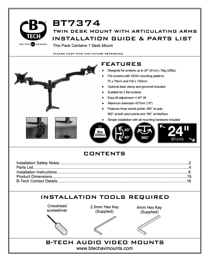 Page 1 de la notice Manuel utilisateur B-Tech BT7374/GB