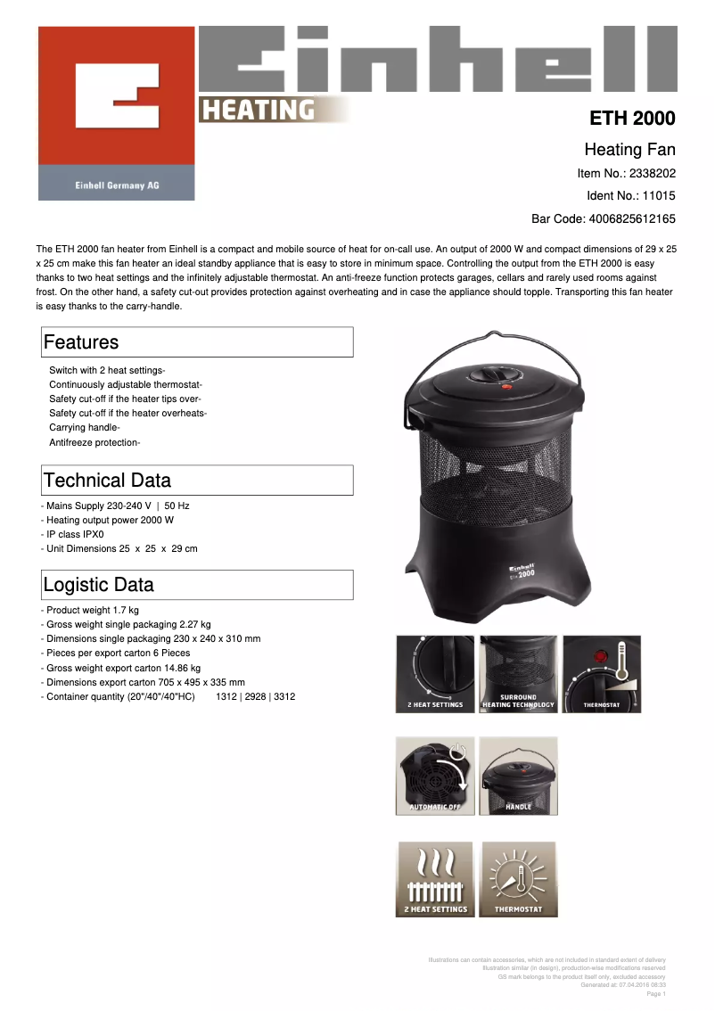 Página 1 del manual Ficha técnica Einhell ETH 2000