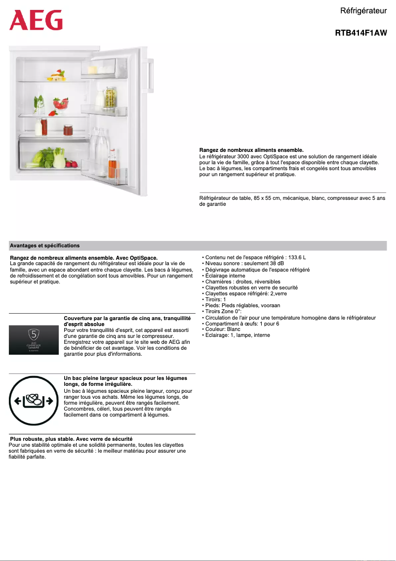 Page 1 de la notice Fiche technique AEG RTB414F1AW