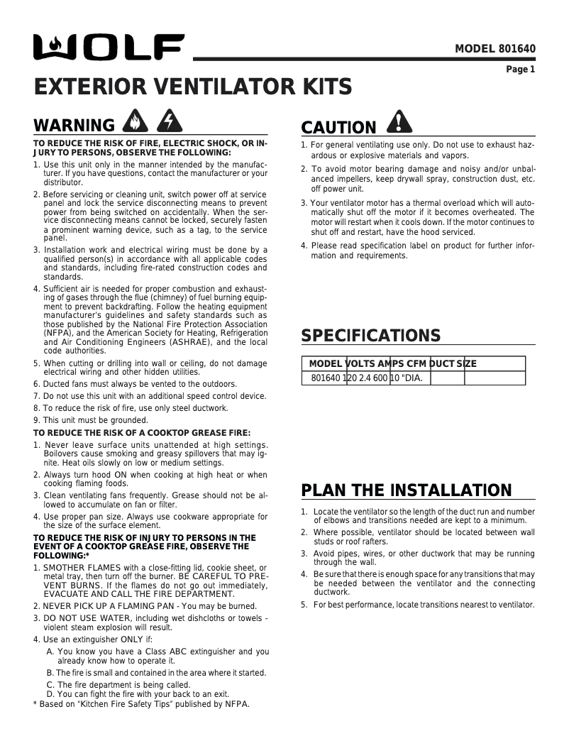 Page 1 de la notice Instructions / montage Wolf PW542418