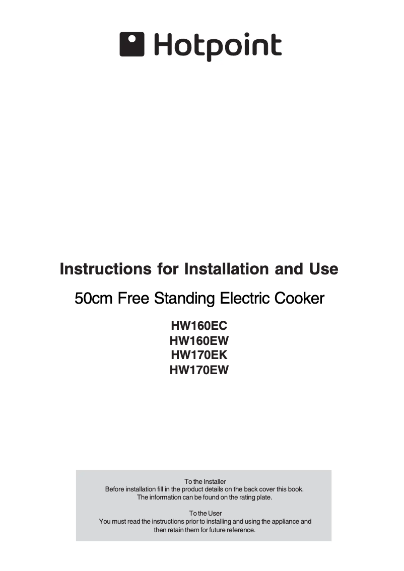 Page n°1 - Manuel utilisateur Hotpoint HW170EW