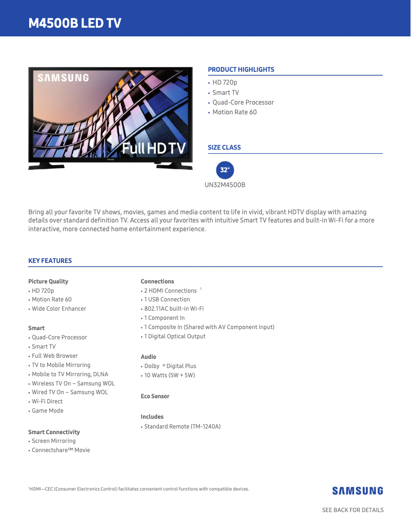 Page 1 de la notice Fiche technique Samsung UN32M4500BFXZA