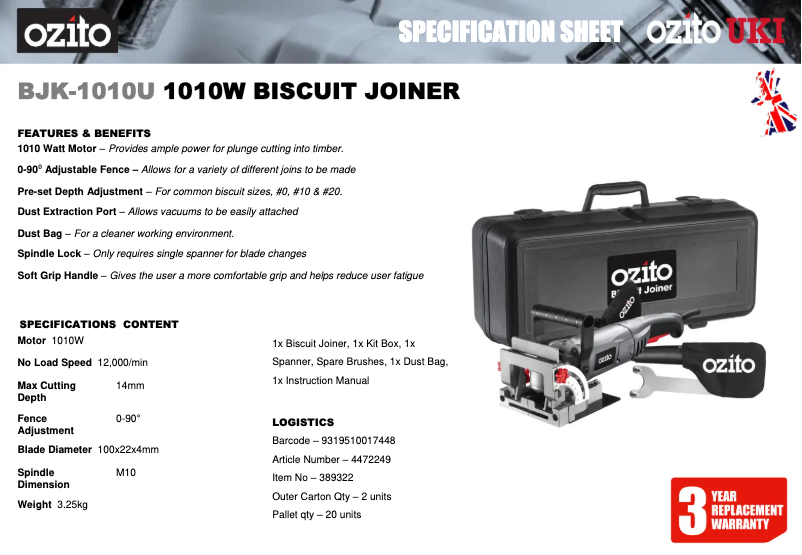 Página 1 del manual Ficha técnica Ozito BJK-1010U