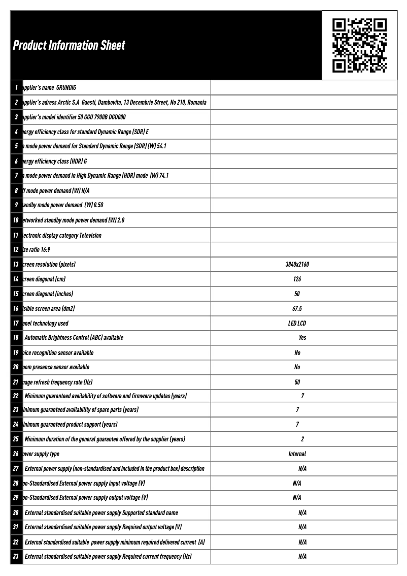 Page 1 de la notice Fiche technique Grundig 50GGU7900B