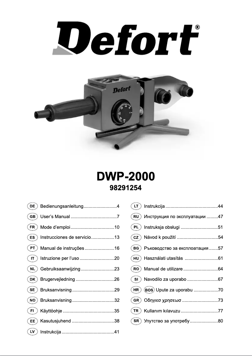 Page n°1 - Manuel utilisateur Defort DWP-2000