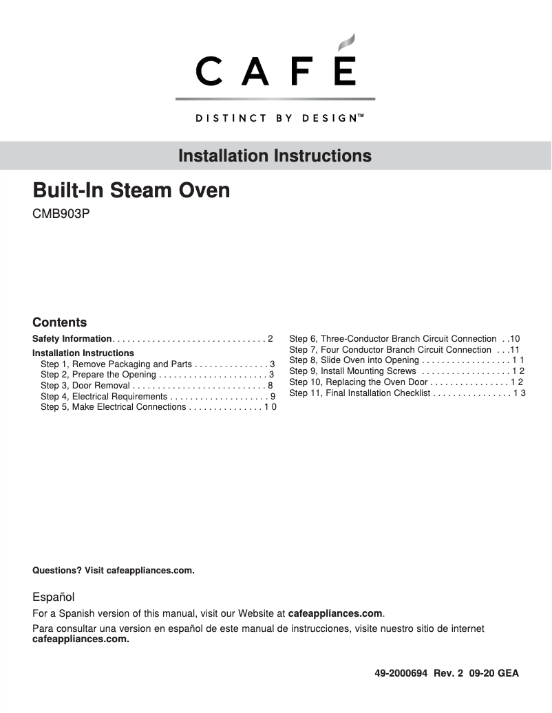 Page 1 de la notice Guide d'installation GE Café CMB903P2NS1