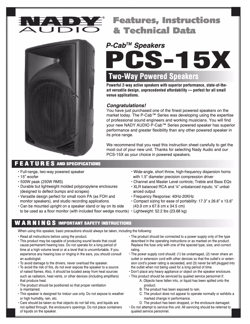 Página 1 del manual Manual de usuario Nady P-Cab PCS-15X