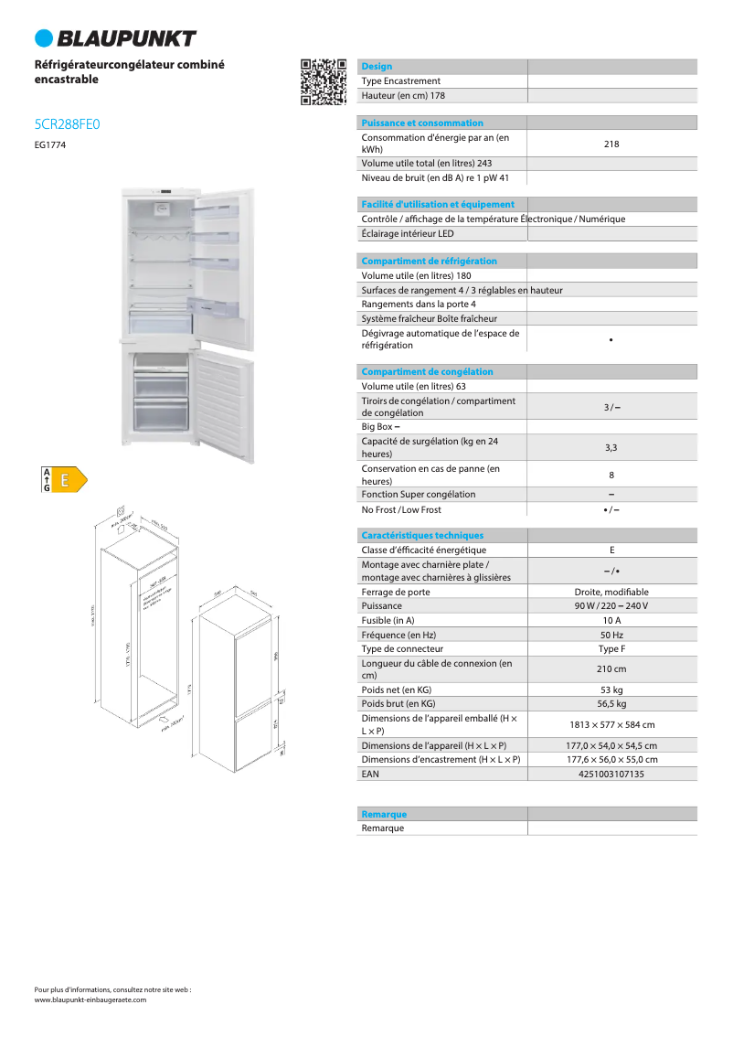 Page 1 de la notice Fiche technique Blaupunkt 5CR288FE0