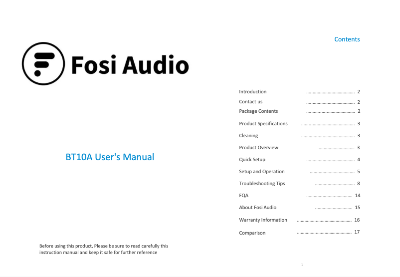 Page 1 de la notice Manuel utilisateur Fosi Audio BT10A