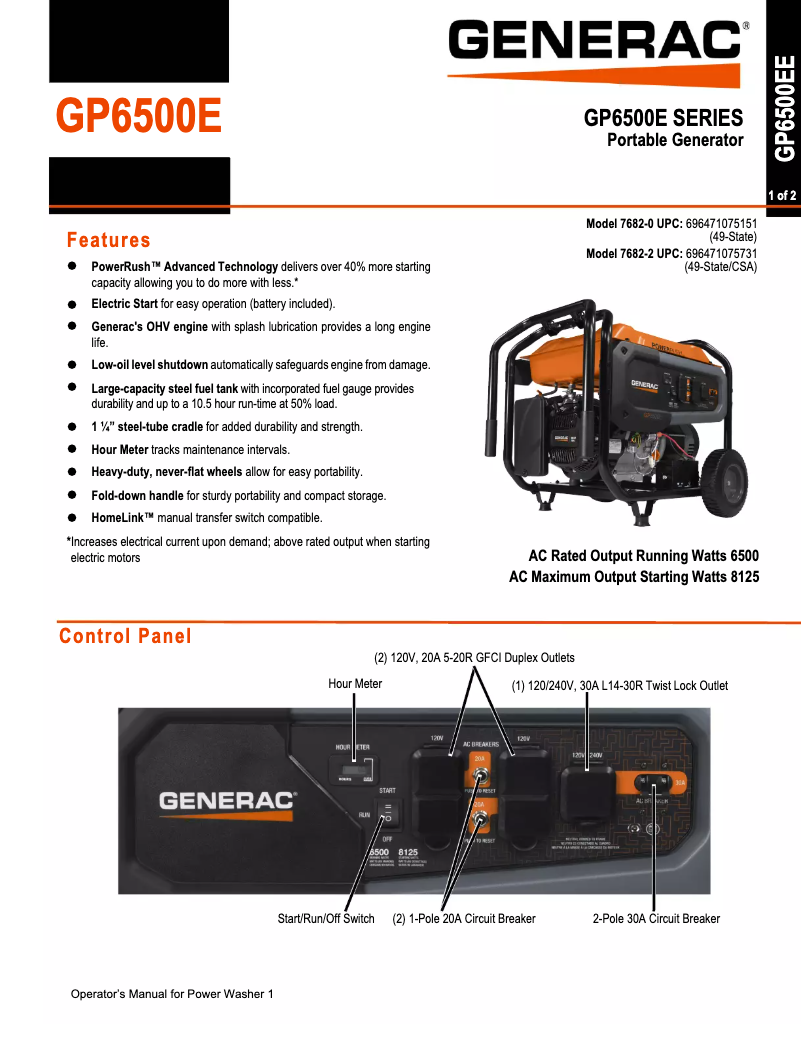 Page n°1 - Fiche technique Generac GP Series 6500E