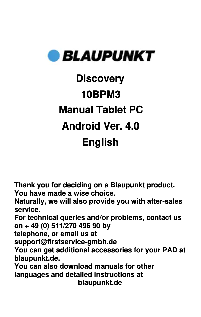 Page n°1 - Manuel utilisateur Blaupunkt Discovery 10BPM3