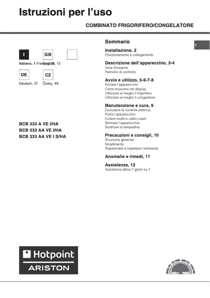 Page 1 de la notice Manuel utilisateur Hotpoint BCB 333 AA VE I/HA