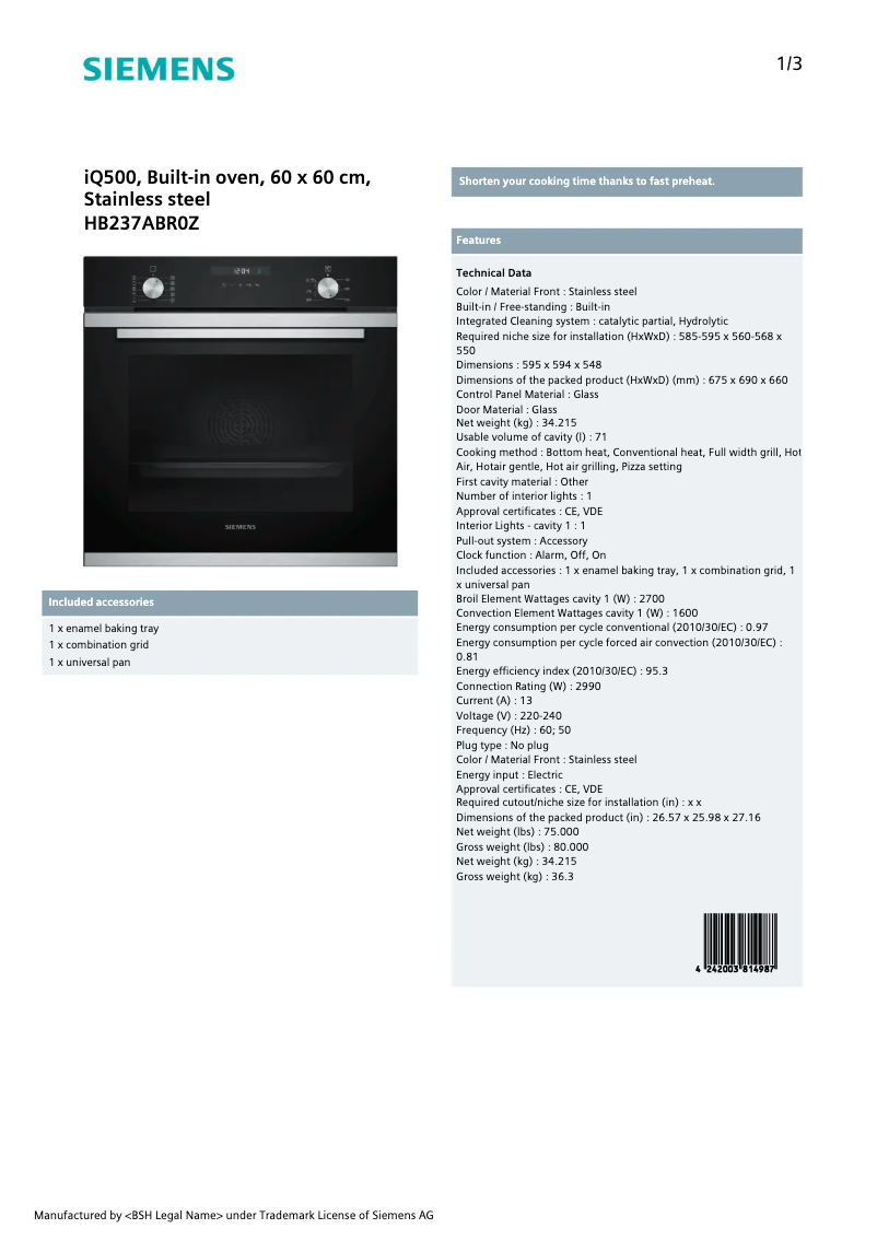 Page n°1 - Fiche technique Siemens HB237ABR0Z