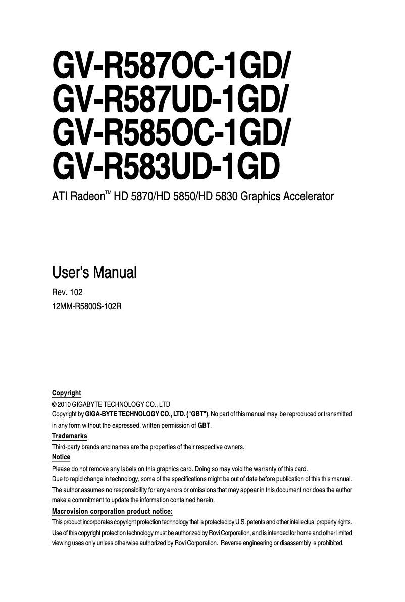 Page n°1 - Manuel utilisateur Gigabyte Radeon HD5870