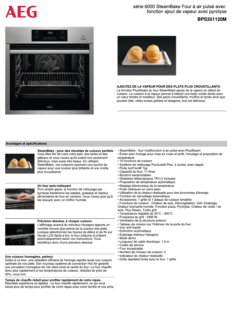 Page 1 de la notice Fiche technique AEG BPS351120M