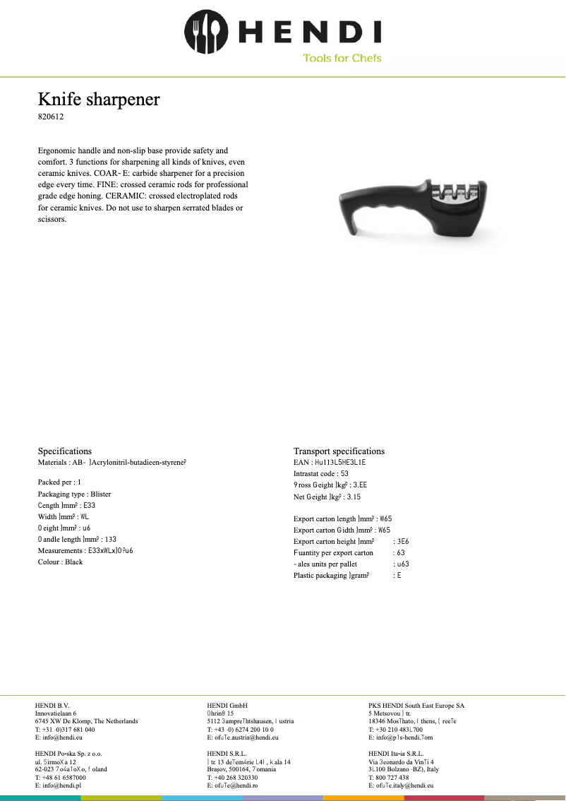 Page 1 de la notice Fiche technique Hendi 820612