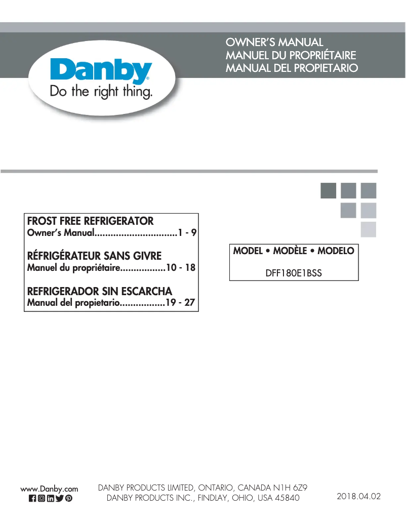 Page 1 de la notice Manuel utilisateur Danby DFF180E1BSS