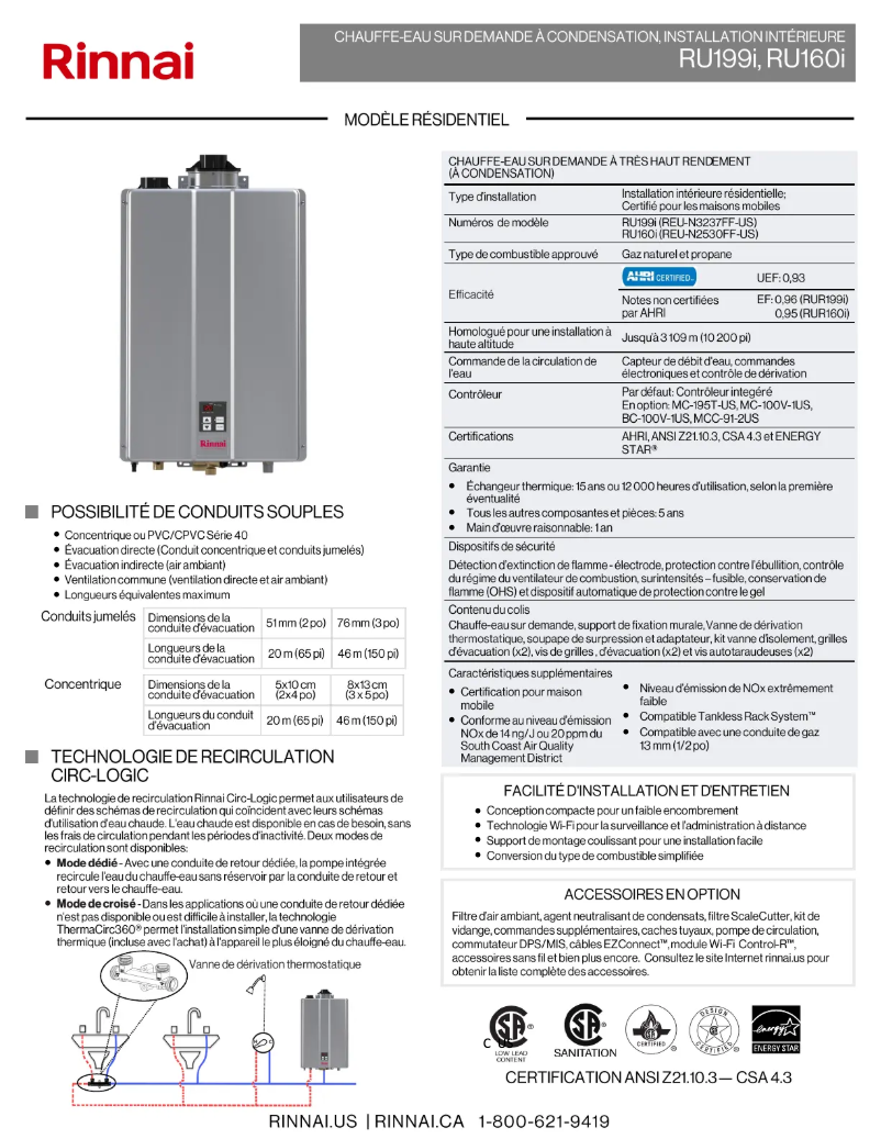 Page 1 de la notice Fiche technique Rinnai RUR199iN