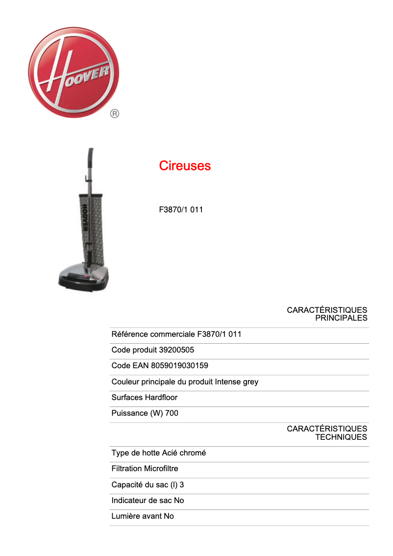 Page 1 de la notice Fiche technique Hoover F 3870