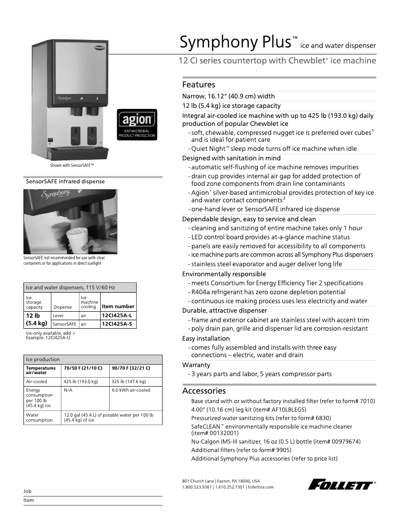 Page 1 de la notice Fiche technique Follett 12CI425A-S
