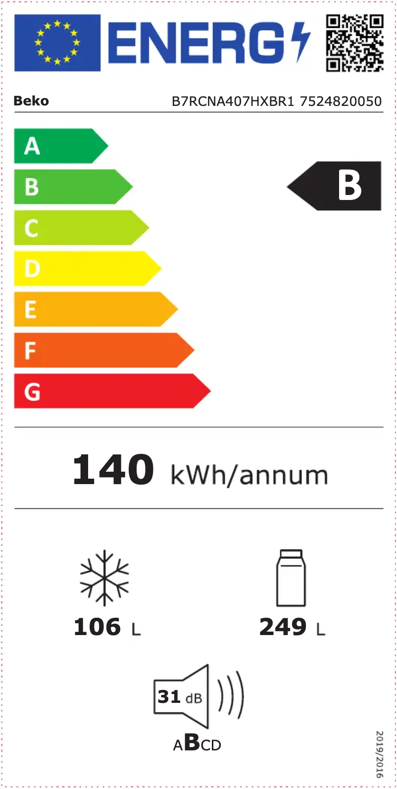 Page n°1 - Label énergétique Beko B7RCNA407HXBR1