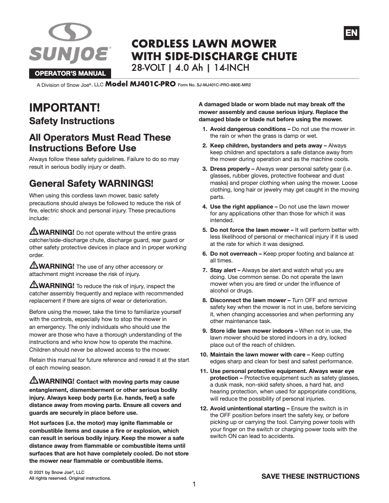 Page 1 de la notice Manuel utilisateur Sun Joe MJ401C-PRO
