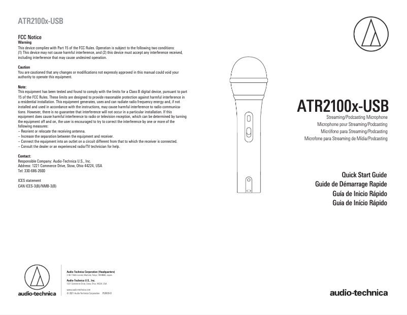 Page 1 de la notice Guide de démarrage rapide Audio-Technica ATR2100x-USB