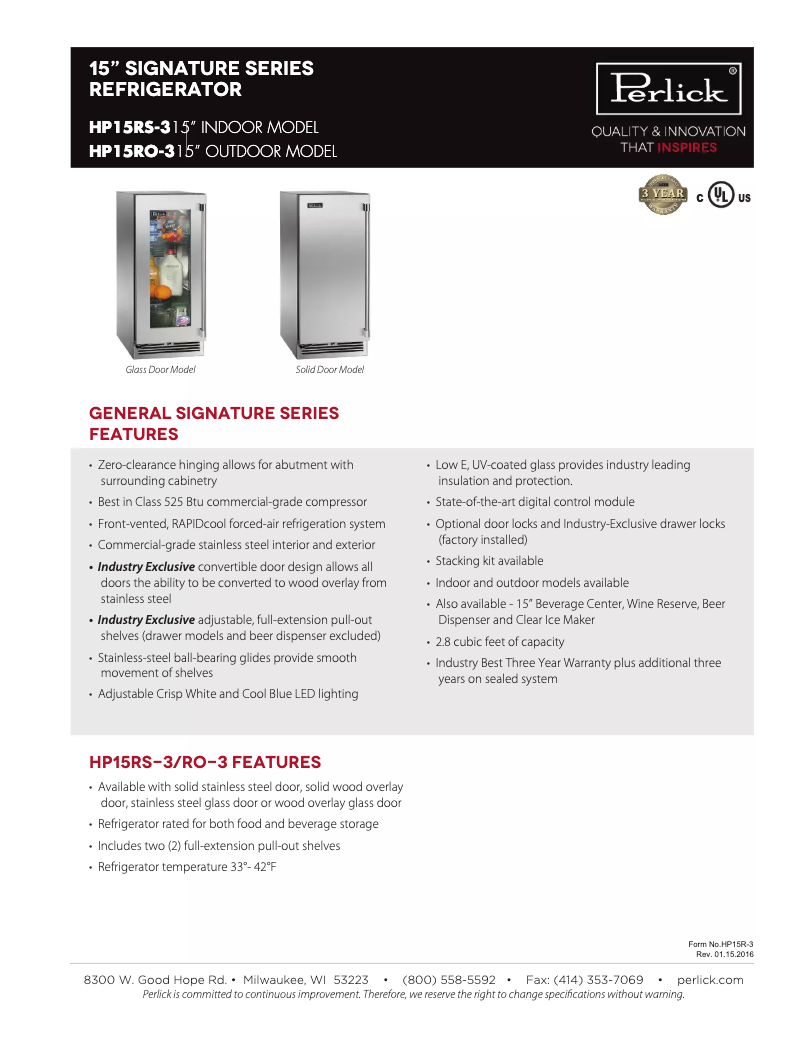 Page 1 de la notice Fiche technique Perlick Signature Series HP15RS-3-3L