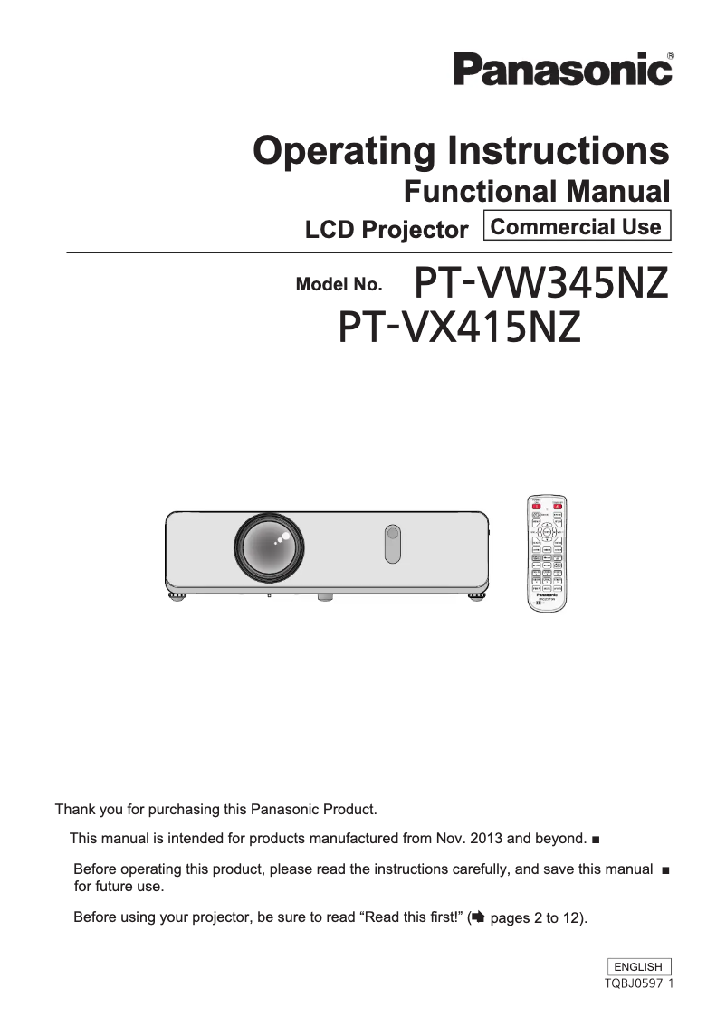 Image de la première page du manuel de l'appareil PT-VW345NZE