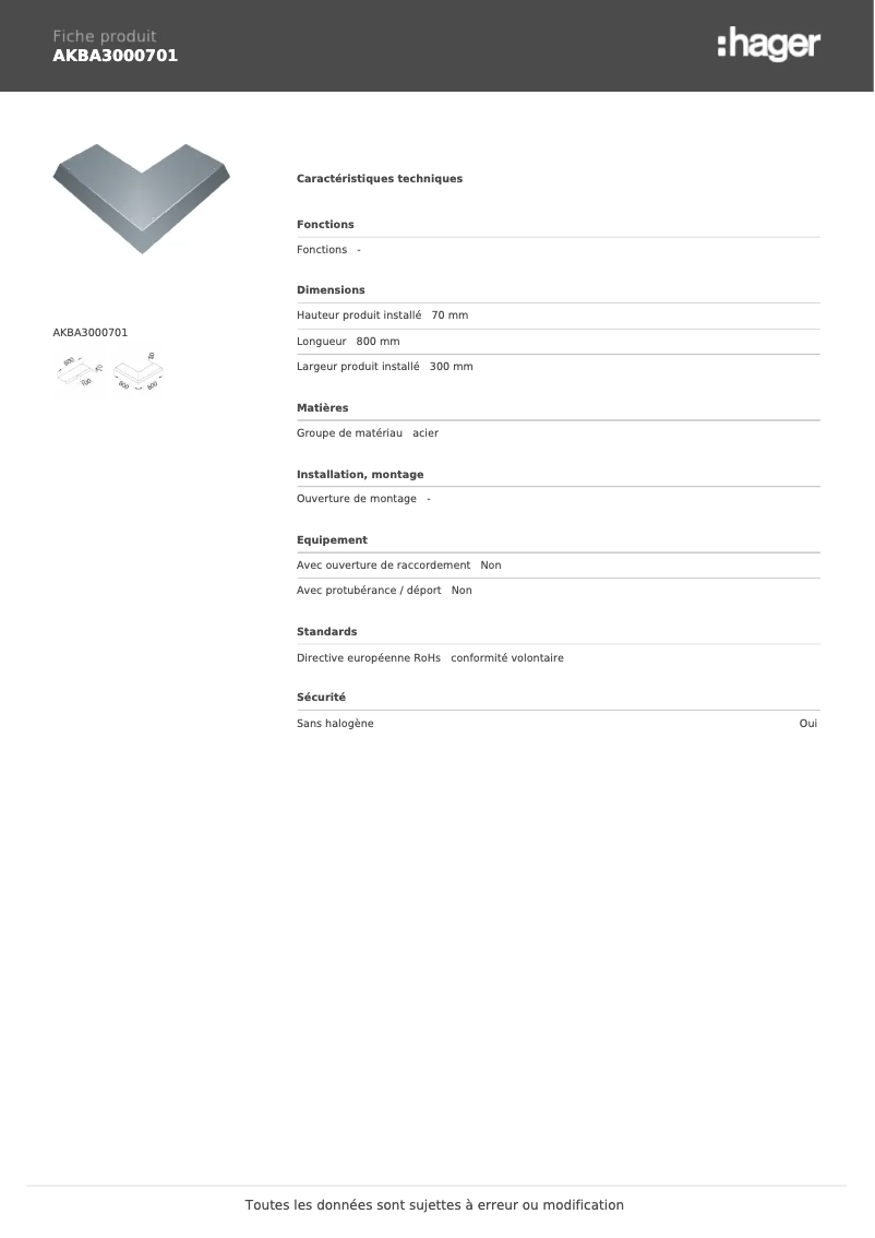 Page 1 de la notice Fiche technique Hager AKBA3000701