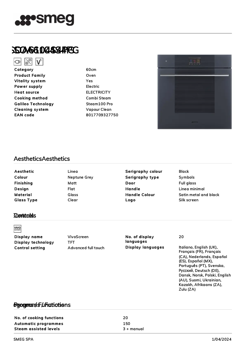 Page n°1 - Fiche technique Smeg SOA6104S4PG