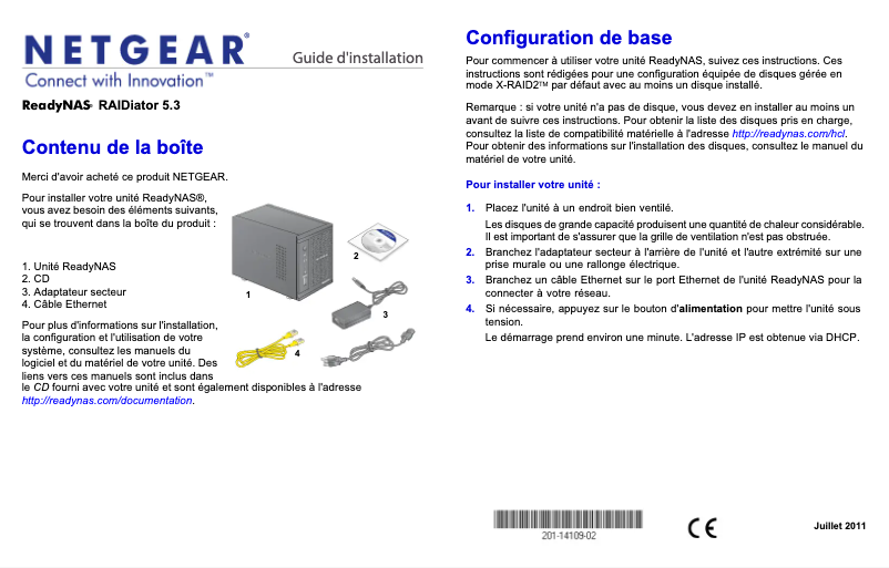 Page 1 de la notice Guide d'installation Netgear ReadyNAS RD2110v2