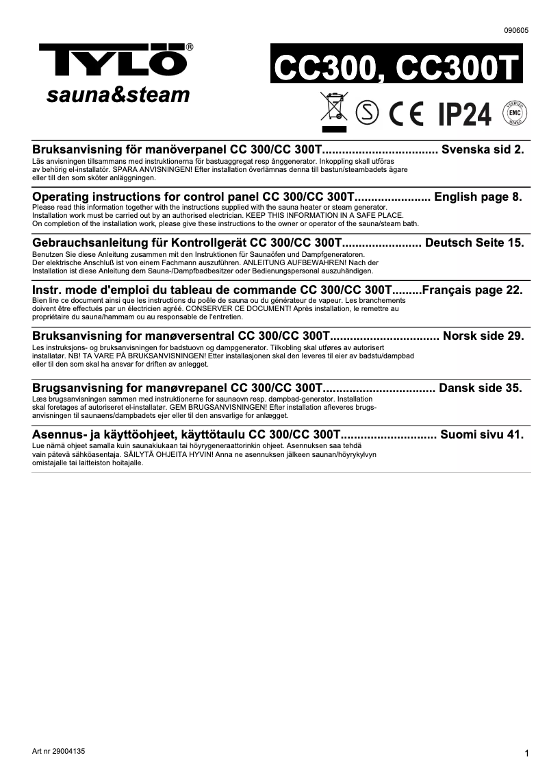 Page n°1 - Manuel utilisateur Tylö CC300T