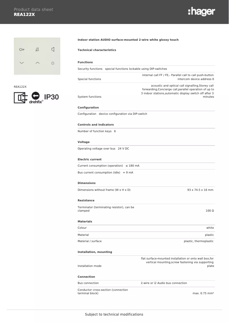Page 1 de la notice Fiche technique Hager REA122X